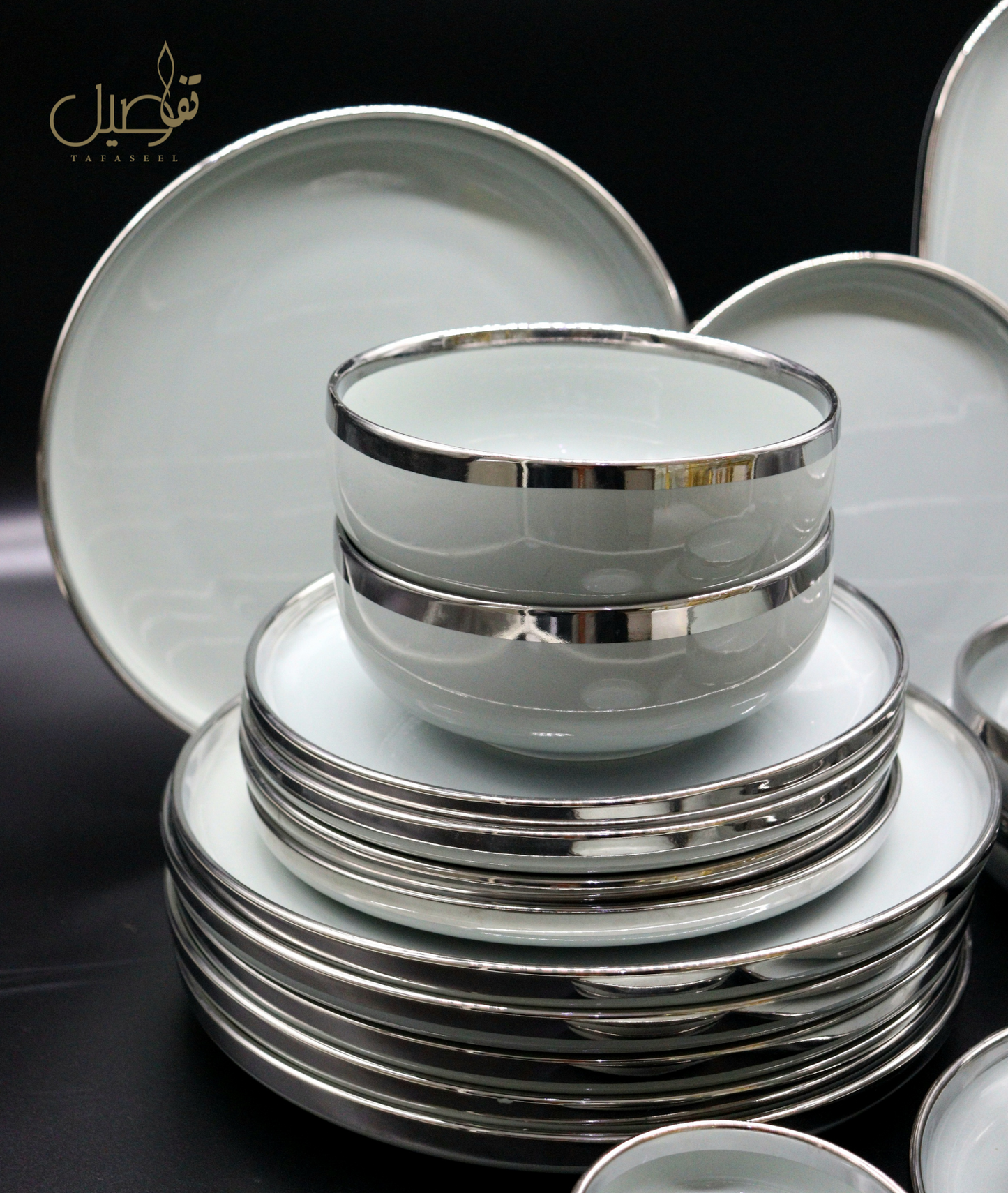 VAISSELLE PORCELAINE GRIS ARGENTE